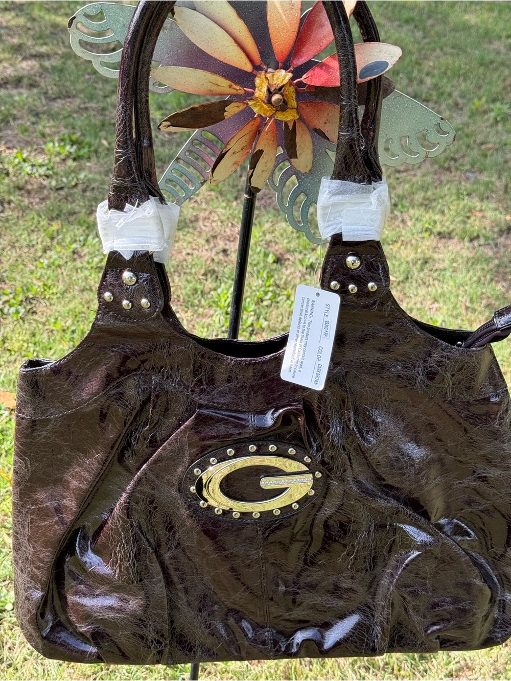 Gold-Accent Brown Patent Tote Bag